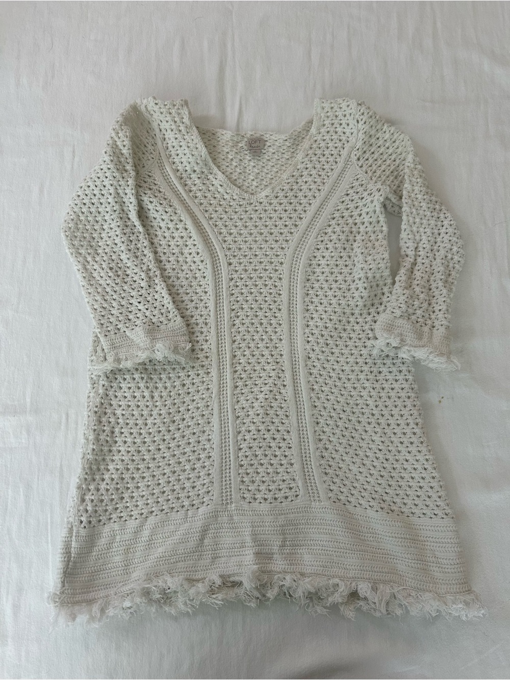 LOFT Beach Women’s XS Open Knit Crochet Sweater Cover Up Fringe Hem Cotton